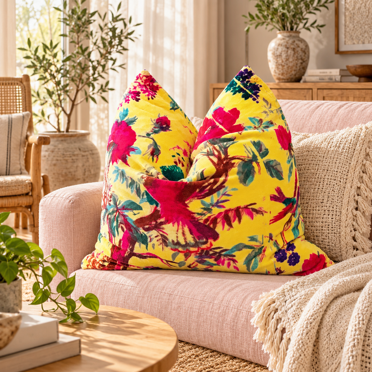 'Folkloric Flair' 100% Cotton Velvet Cushion Cover - 45x45cms