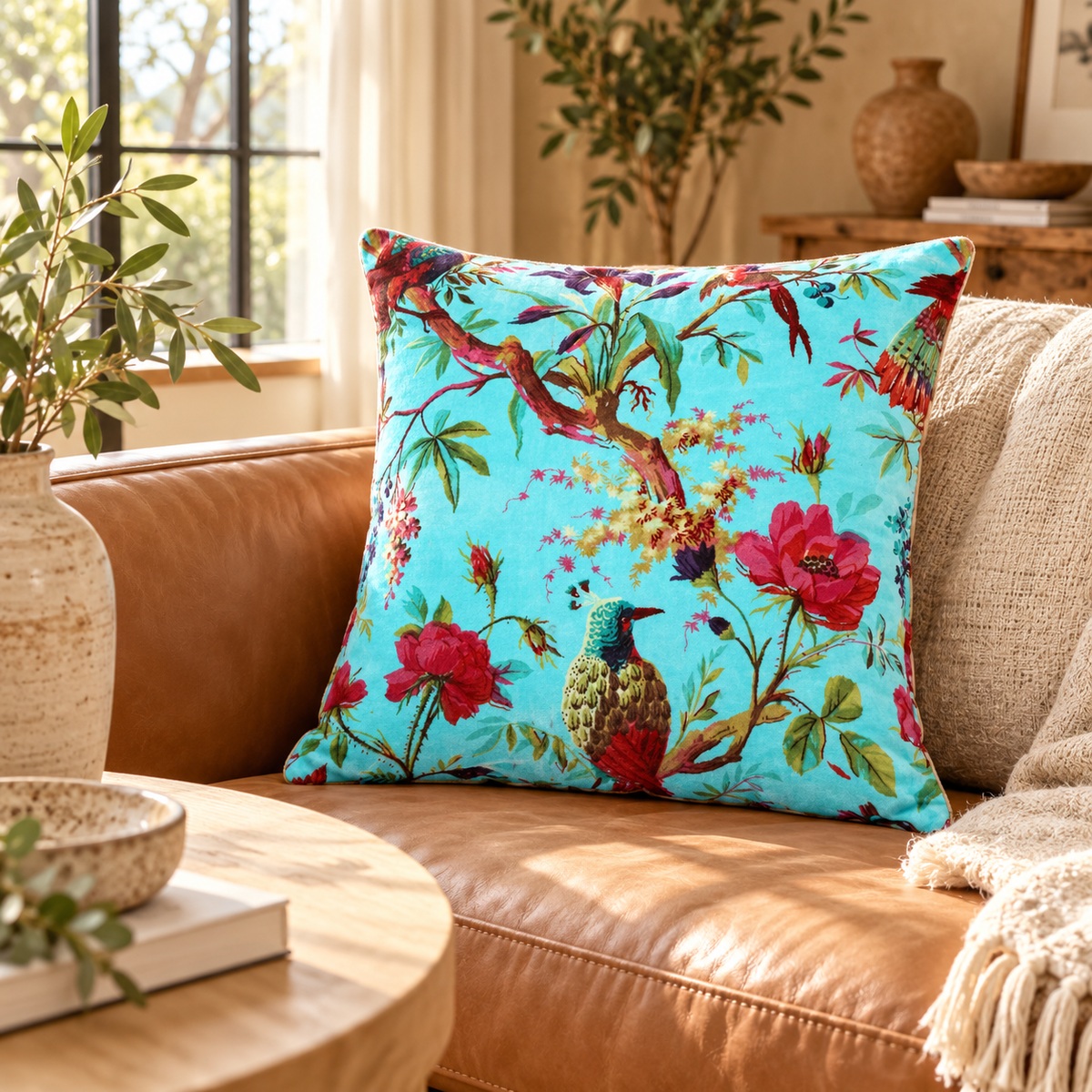 Turquoise floral bird cotton velvet cushion cover styled on tan leather sofa
