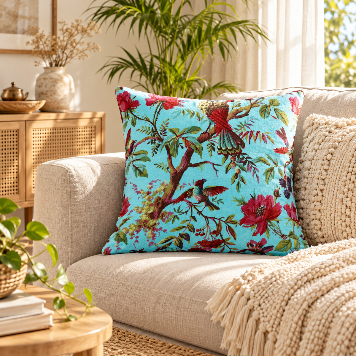 Blue botanical cushion cover with red floral bird artwork