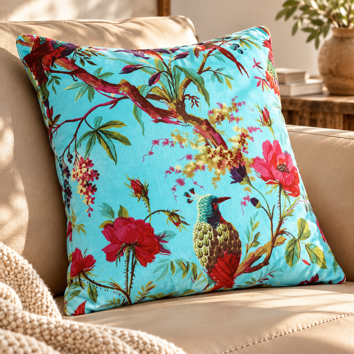 Turquoise floral decorative cushion cover 45x45cm for boho home decor