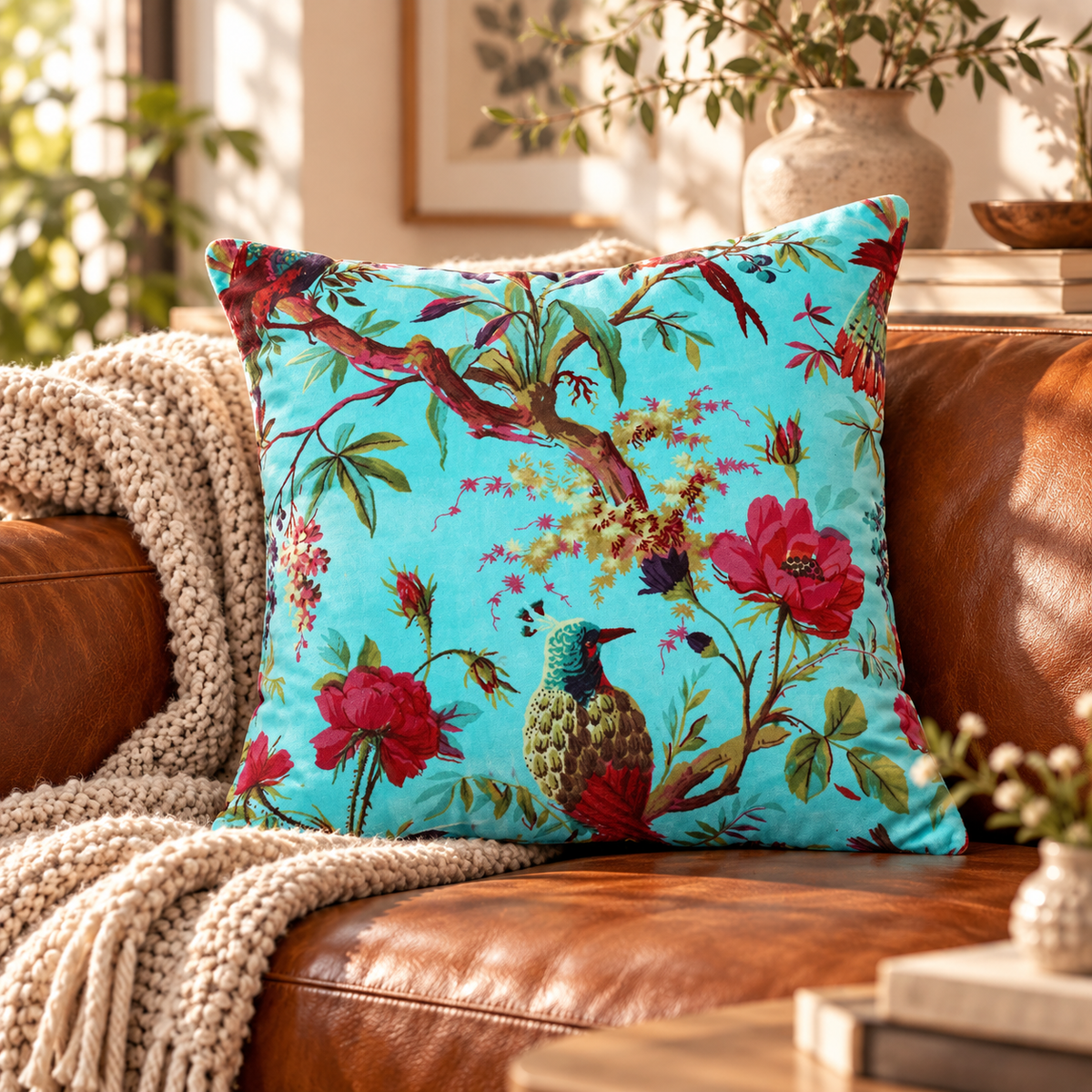 Colourful turquoise cushion cover for sofa and living room styling
