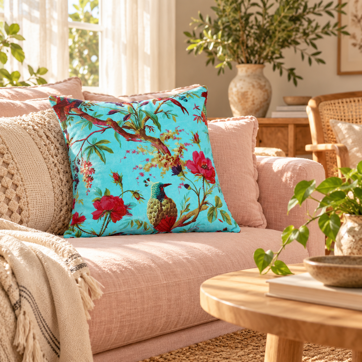 Statement turquoise floral cushion cover styled with neutral home decor