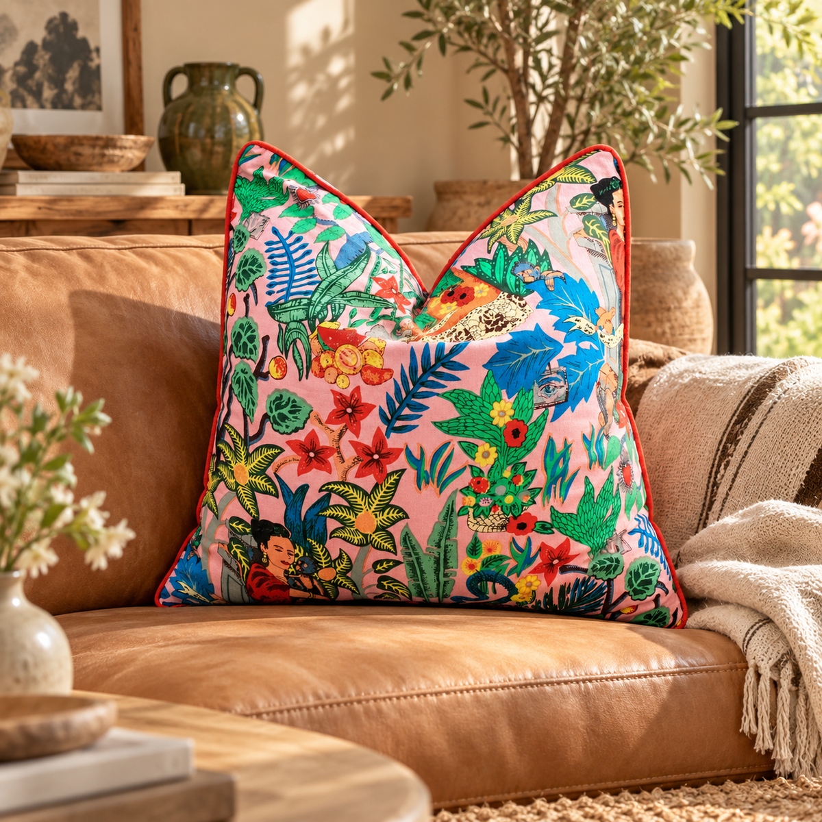 Pink tropical portrait cotton velvet cushion cover styled on tan leather sofa