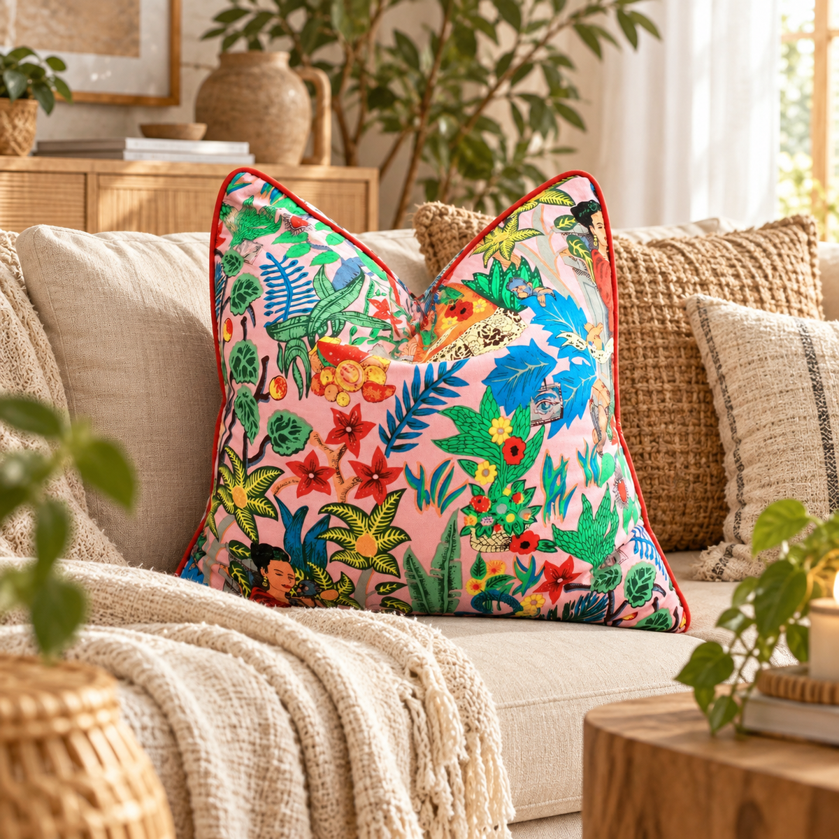 Colourful pink botanical cushion cover with tropical portrait artwork