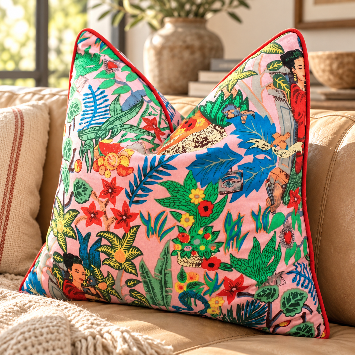 Pink boho cushion cover with green blue red and yellow tropical design