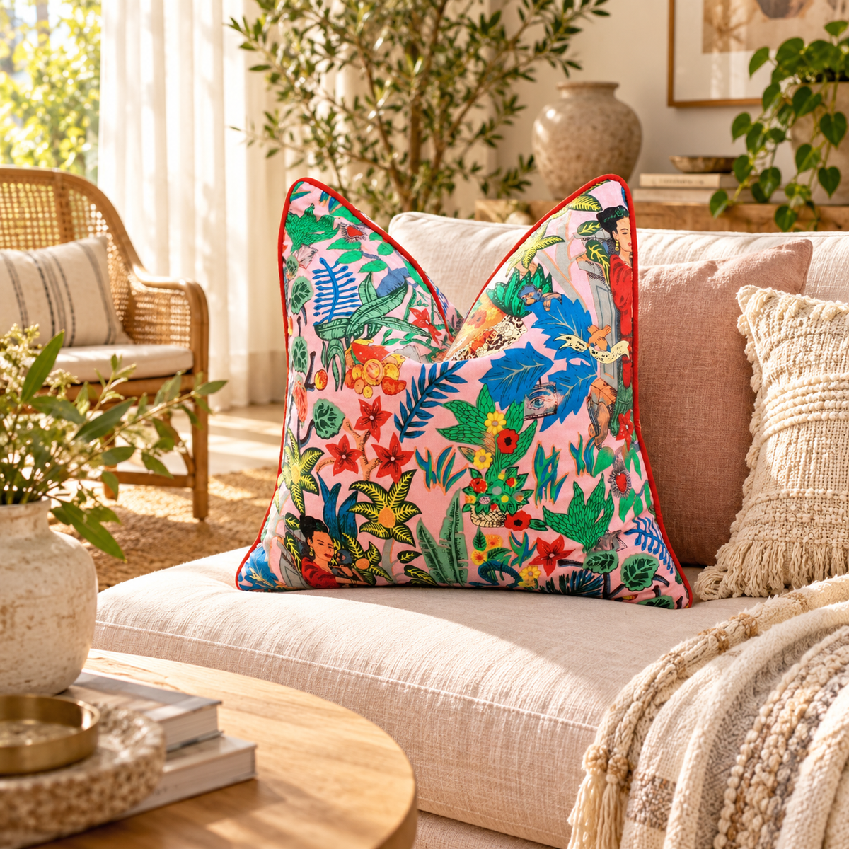 Cotton velvet cushion cover with blush pink tropical artwork and red piping