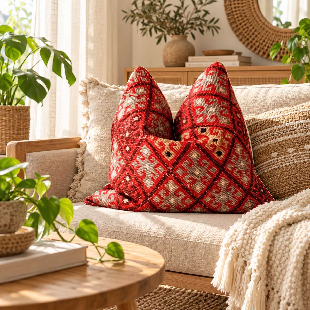 50x50cms red geometric cushion cover on neutral sofa