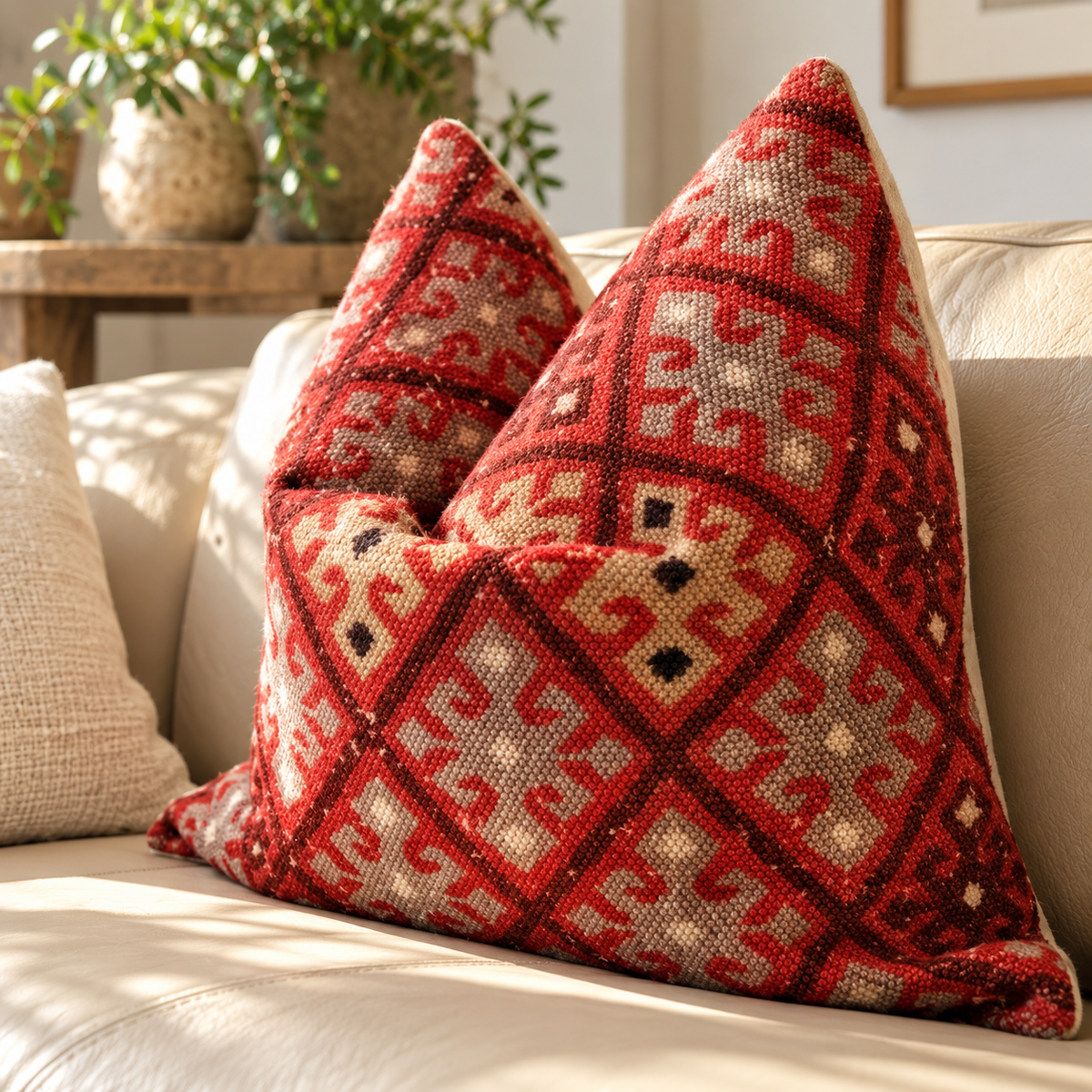 Red patterned cushion cover in a cosy living room setting