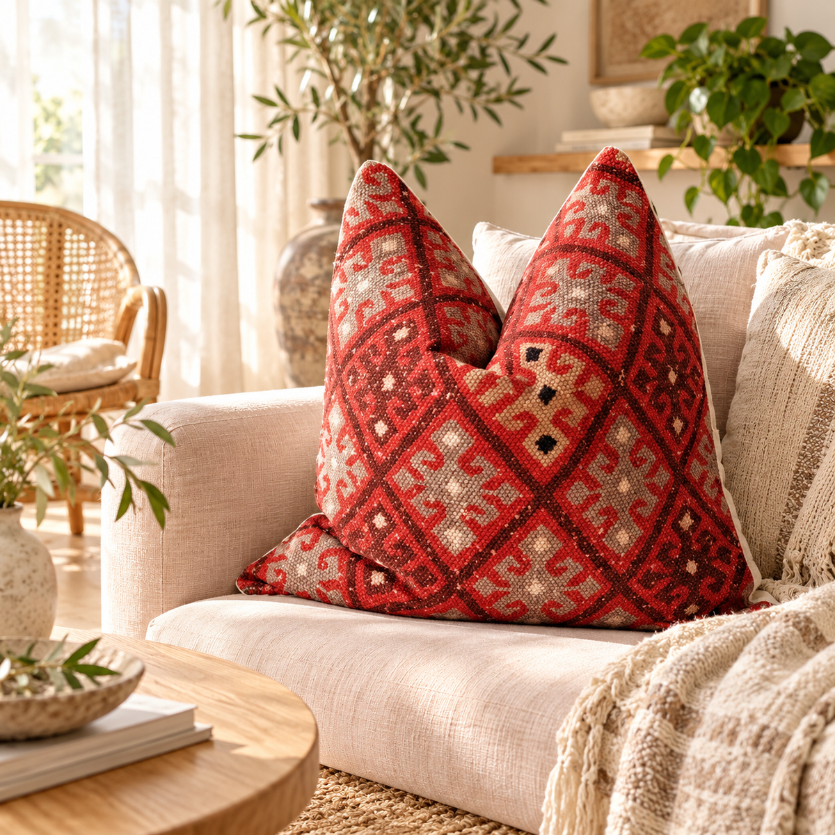 Linen Connections red cushion cover styled with neutral throws