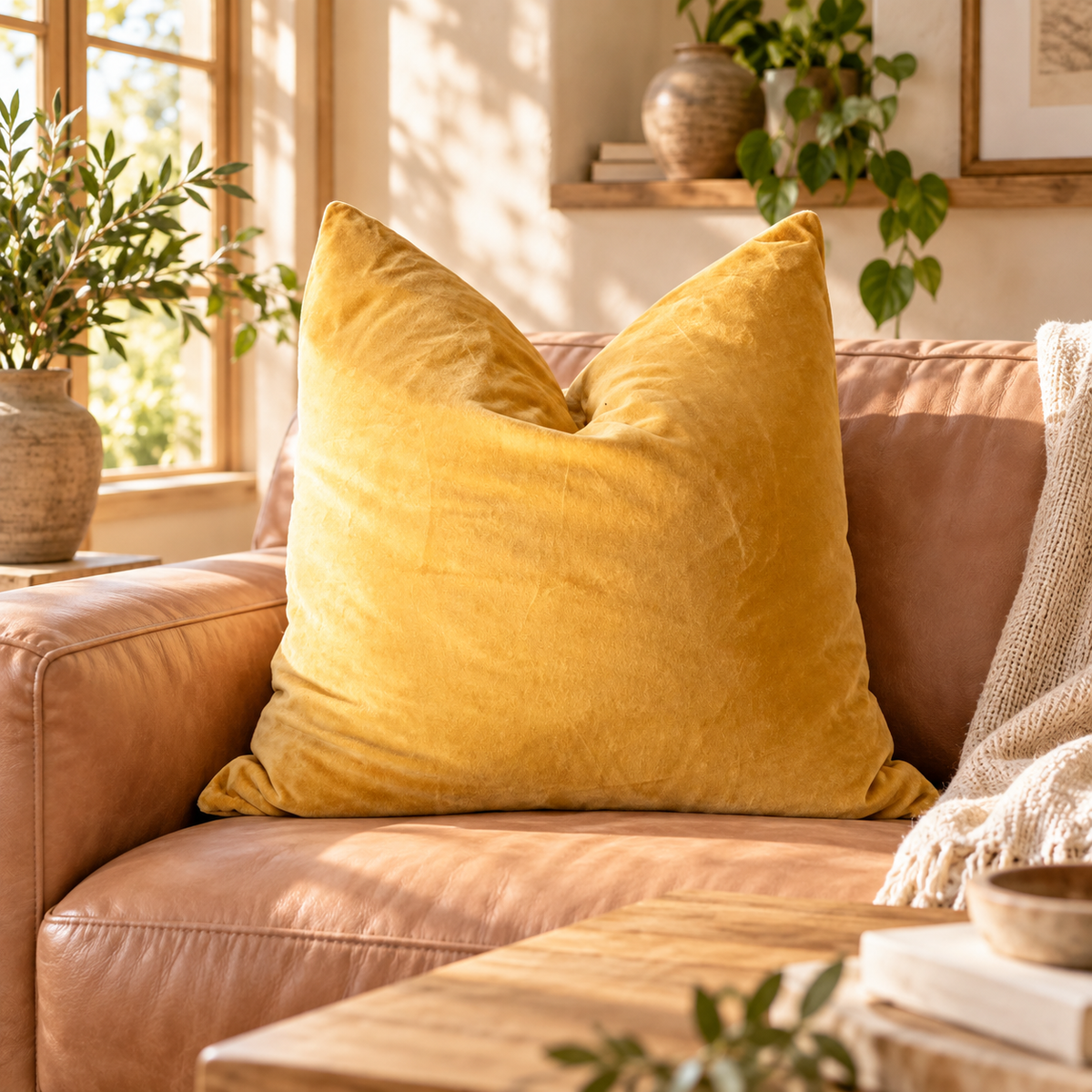 Plain mustard velvet cushion cover for warm sofa styling
