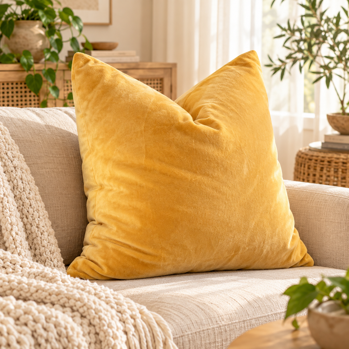 Mustard yellow cotton velvet cushion cover styled on beige sofa