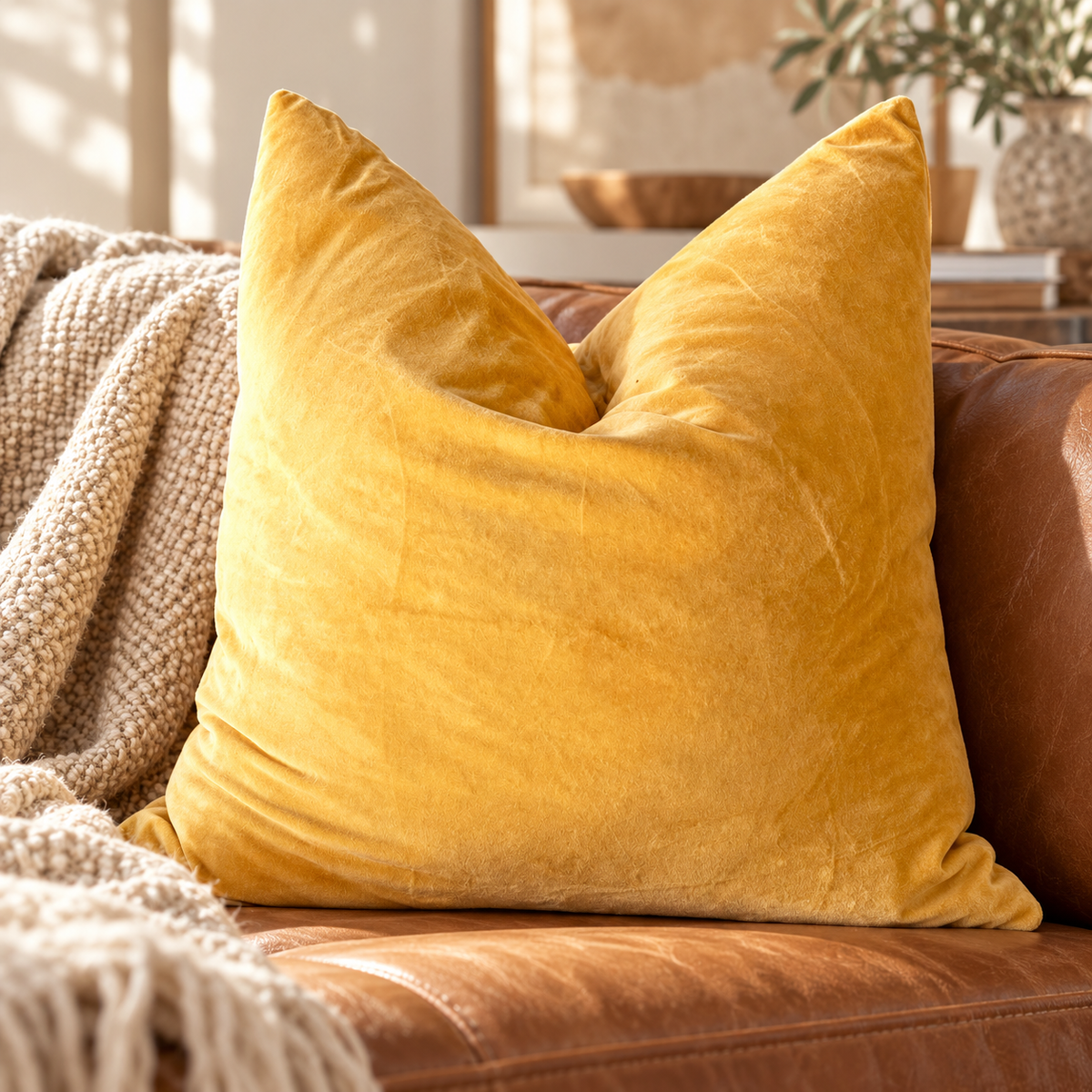 Soft cotton velvet cushion cover in golden mustard colour