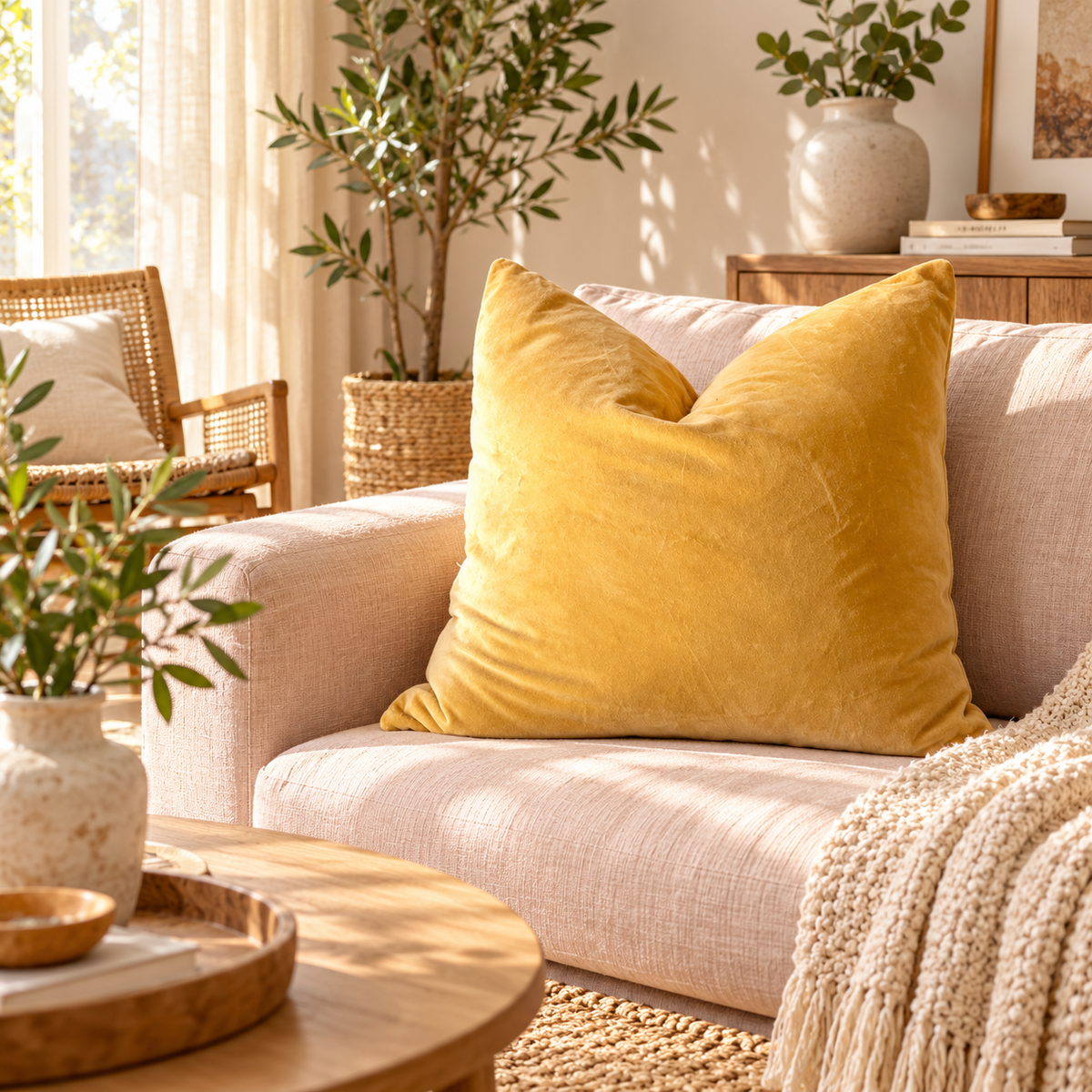 Soft cotton velvet cushion cover in golden mustard colour