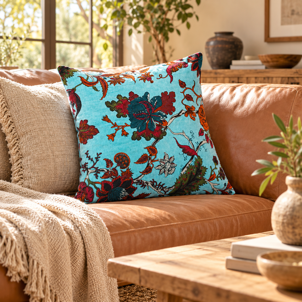 Turquoise botanical cushion cover 45x45cm for living room decor