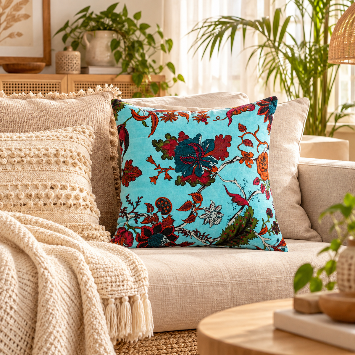 Cotton velvet cushion cover in turquoise blue floral design