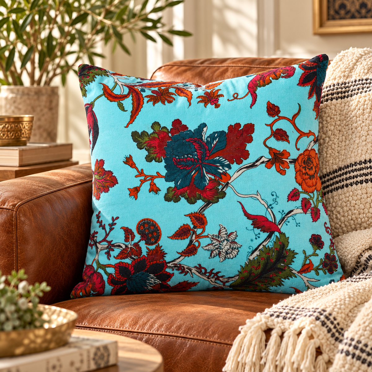 Turquoise blue floral cotton velvet cushion cover styled on tan leather sofa