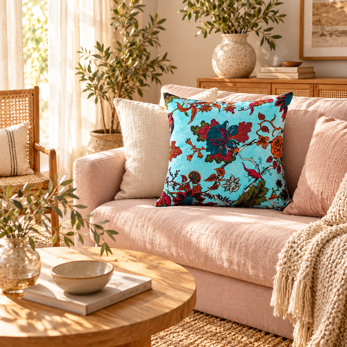 Blue floral velvet cushion cover with botanical print for sofa styling