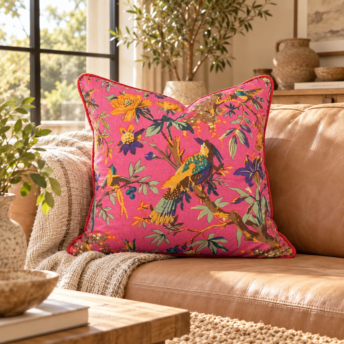 Pink floral bird cushion cover on tan leather sofa