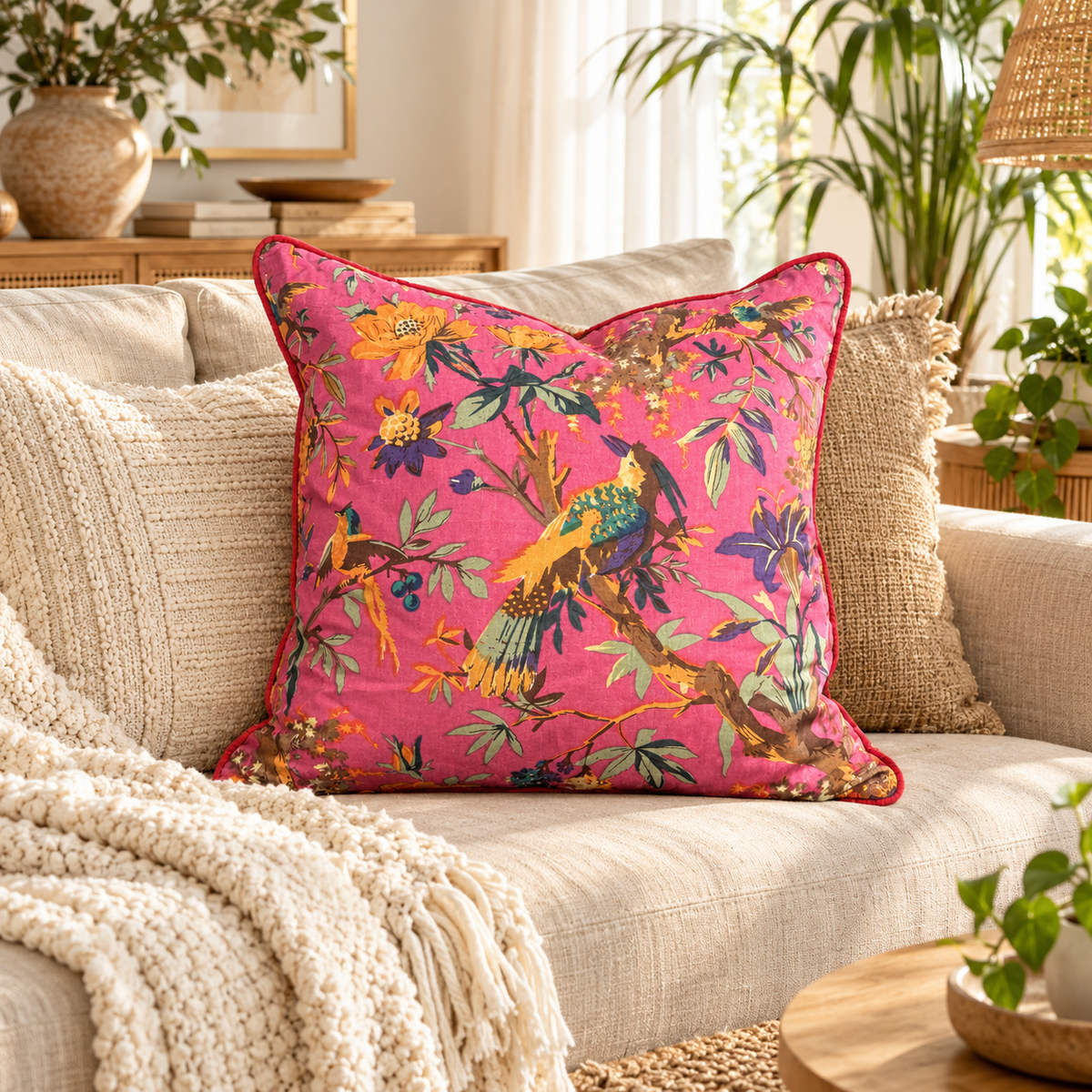 Cotton velvet pink cushion cover with botanical bird print