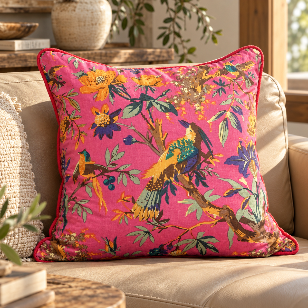 Colourful bird cushion cover for boho living room decor