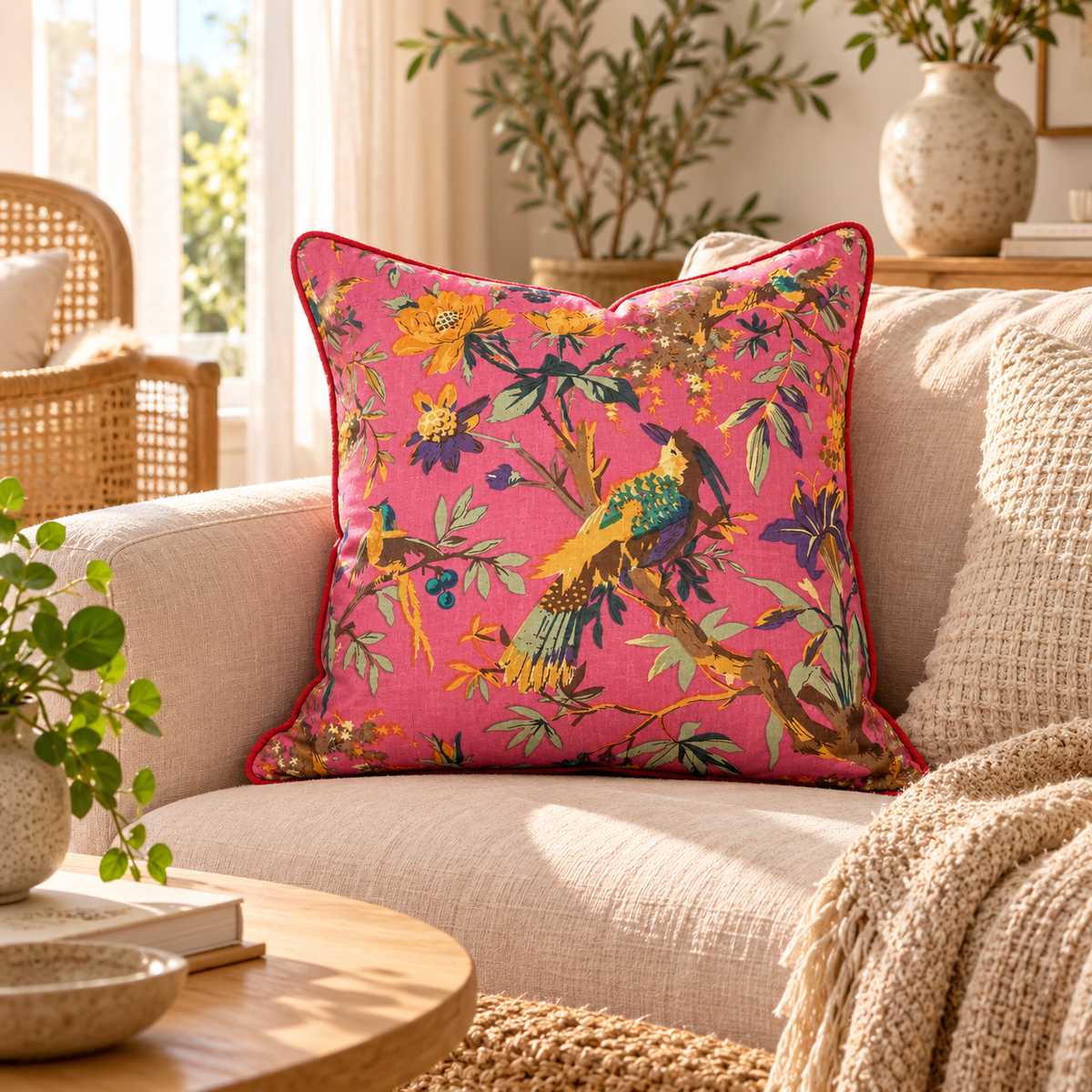 Floral bird throw pillow cover on neutral lounge setting
