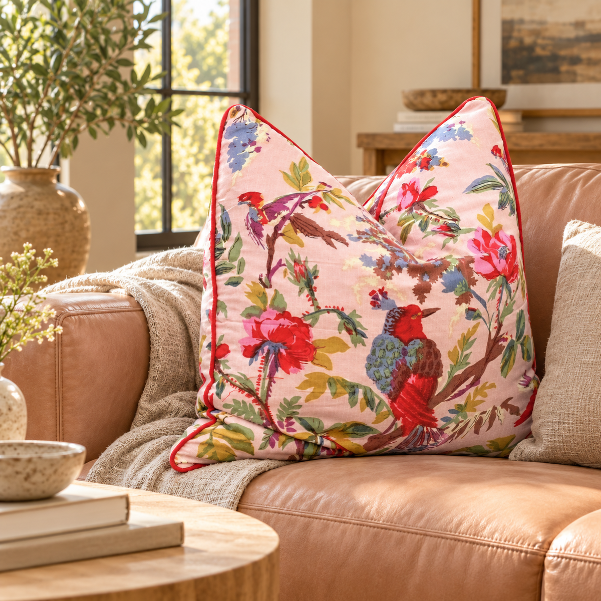 Pink floral bird cushion cover with red piping for sofa styling