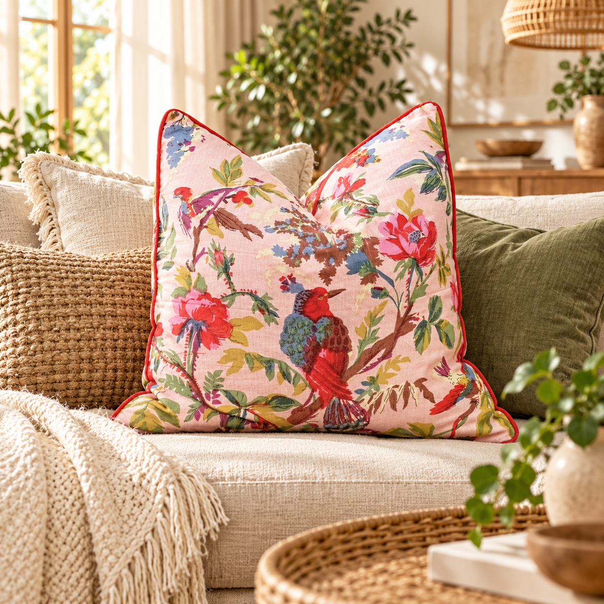 Pink bird floral cushion cover styled on tan leather sofa