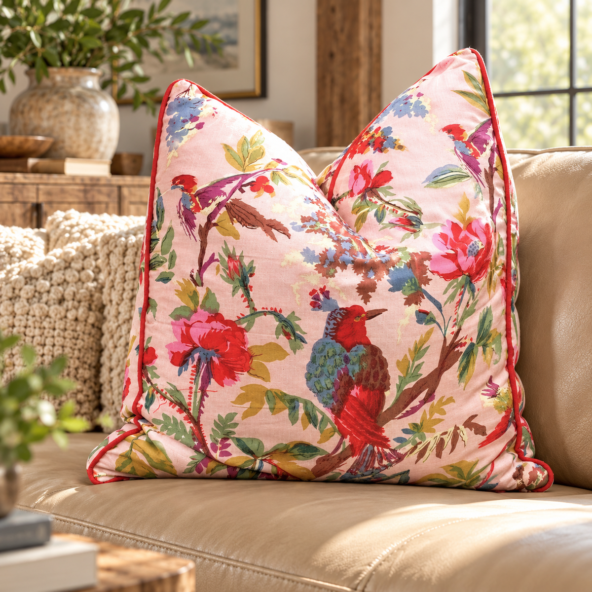 Blush pink cushion cover with red bird and botanical print