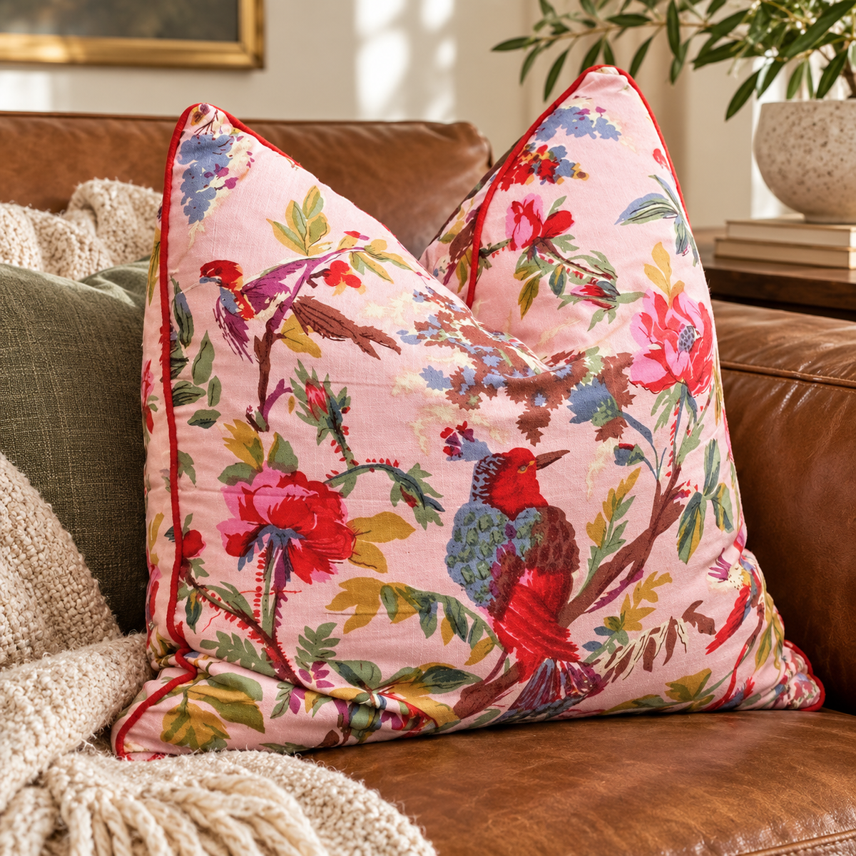 Pink botanical cushion cover styled in warm living room decor