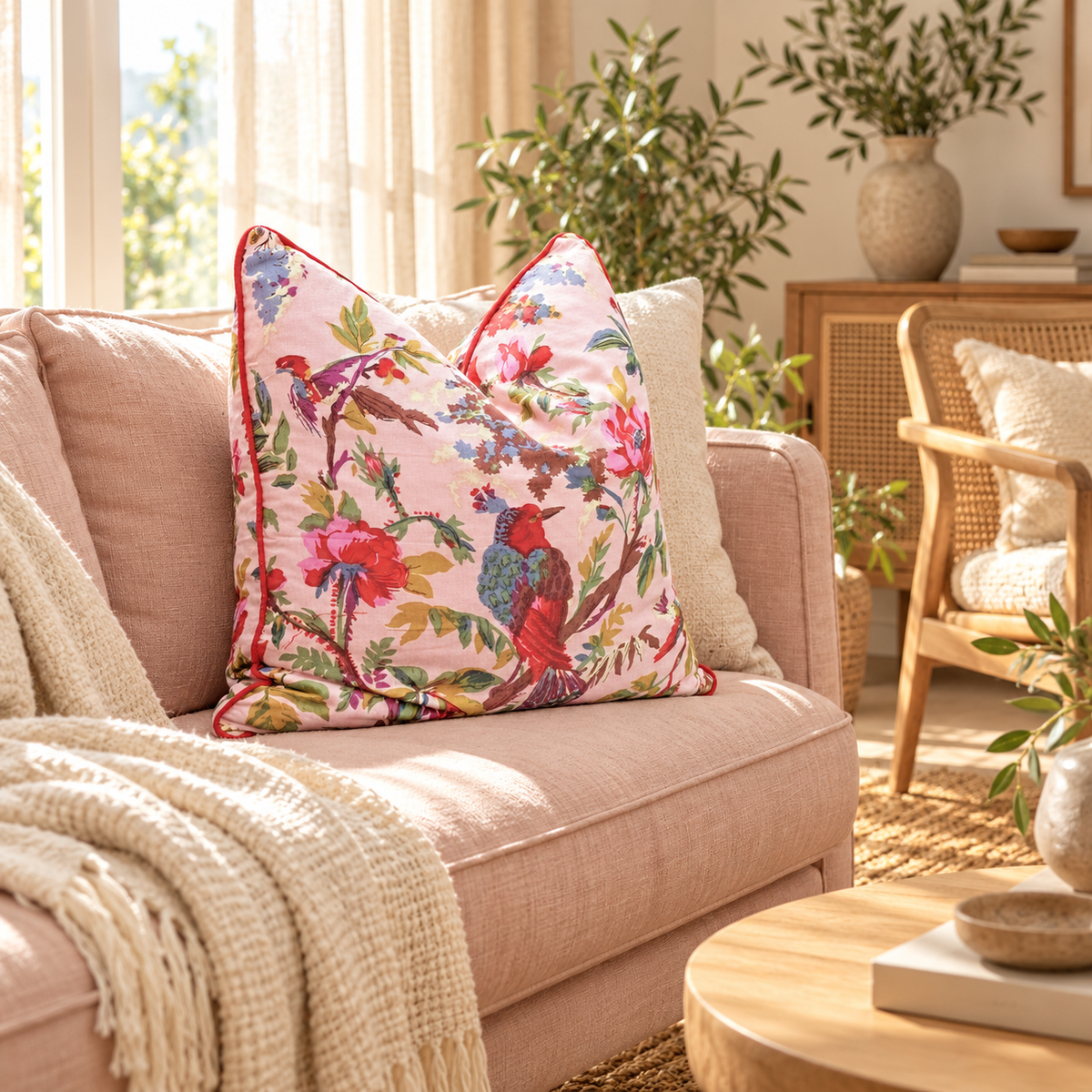 Linen Connections pink bird cushion cover on neutral sofa