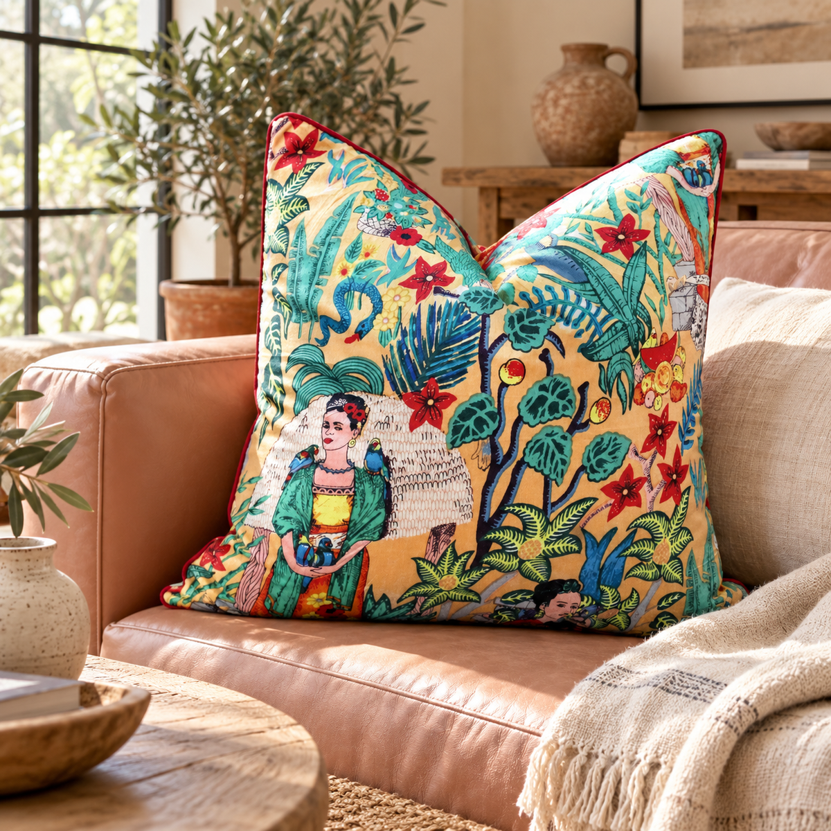 Yellow tropical portrait cushion cover styled on tan leather sofa