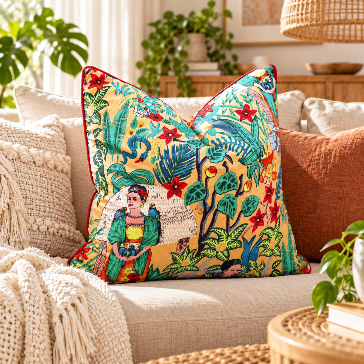 45x45 tropical cushion cover with red flowers and green foliage