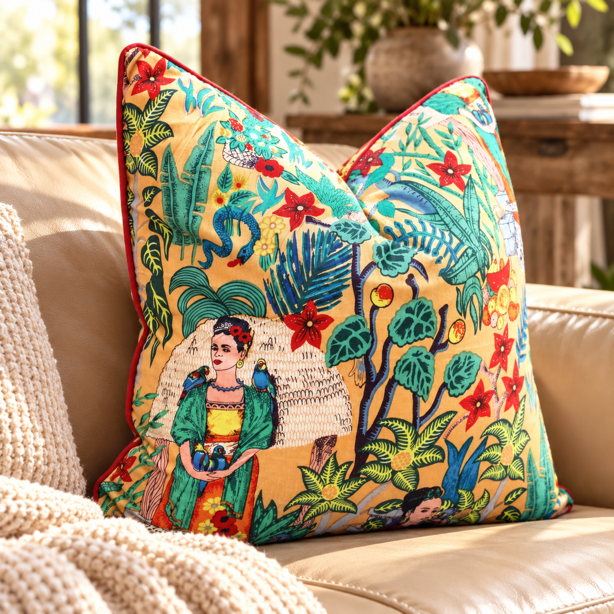 Colourful yellow botanical cushion cover with portrait artwork