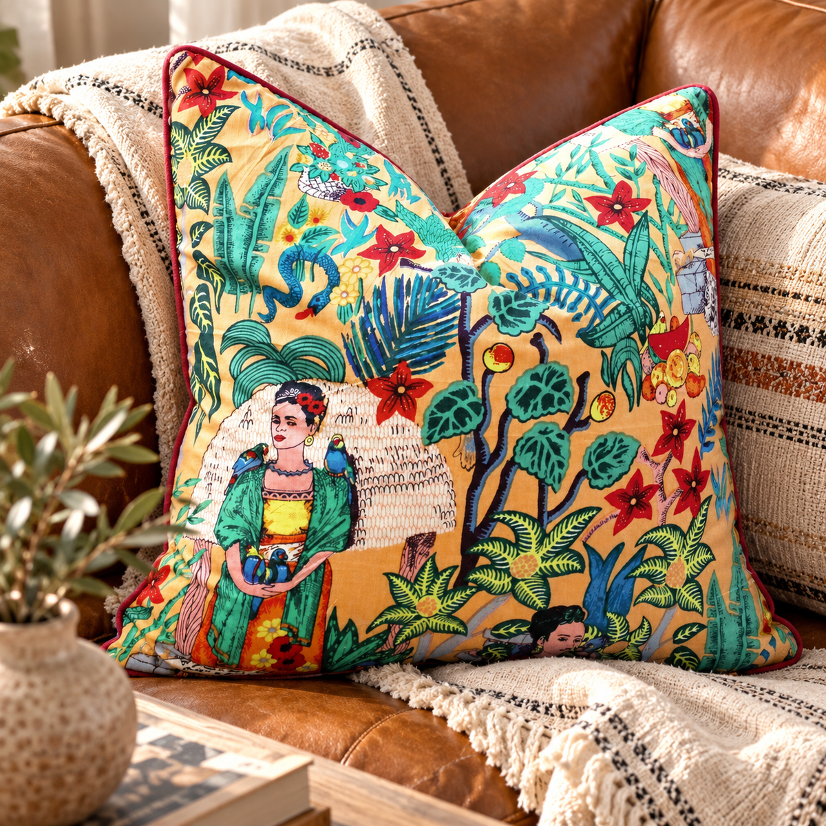 Yellow decorative cushion cover for boho living room styling