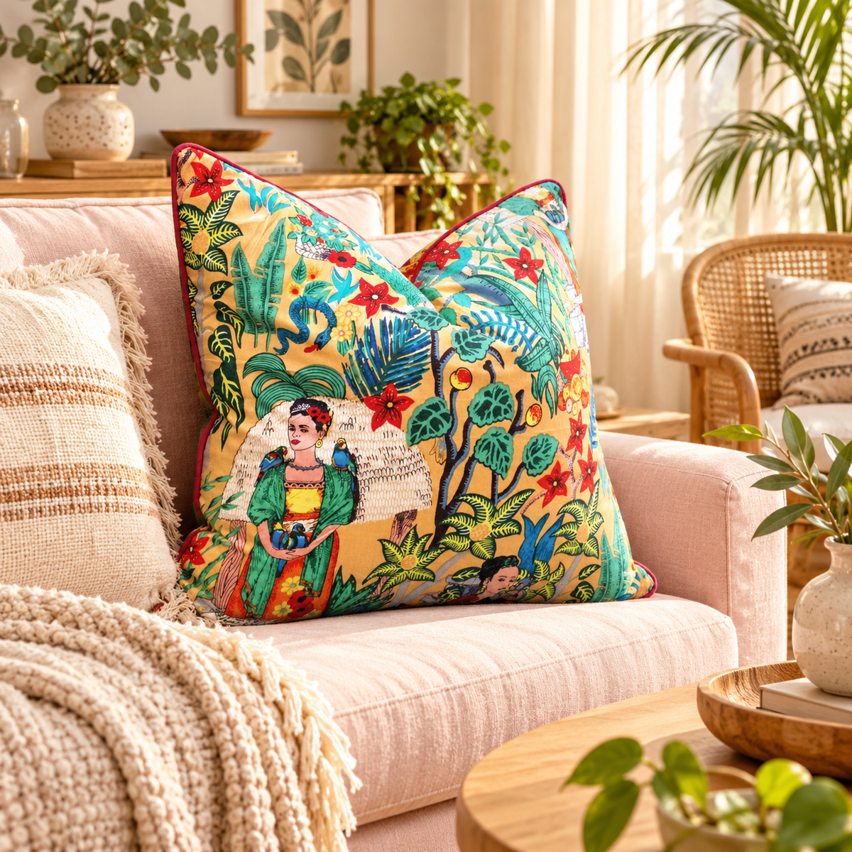 Tropical portrait cushion cover styled with neutral throw and sofa