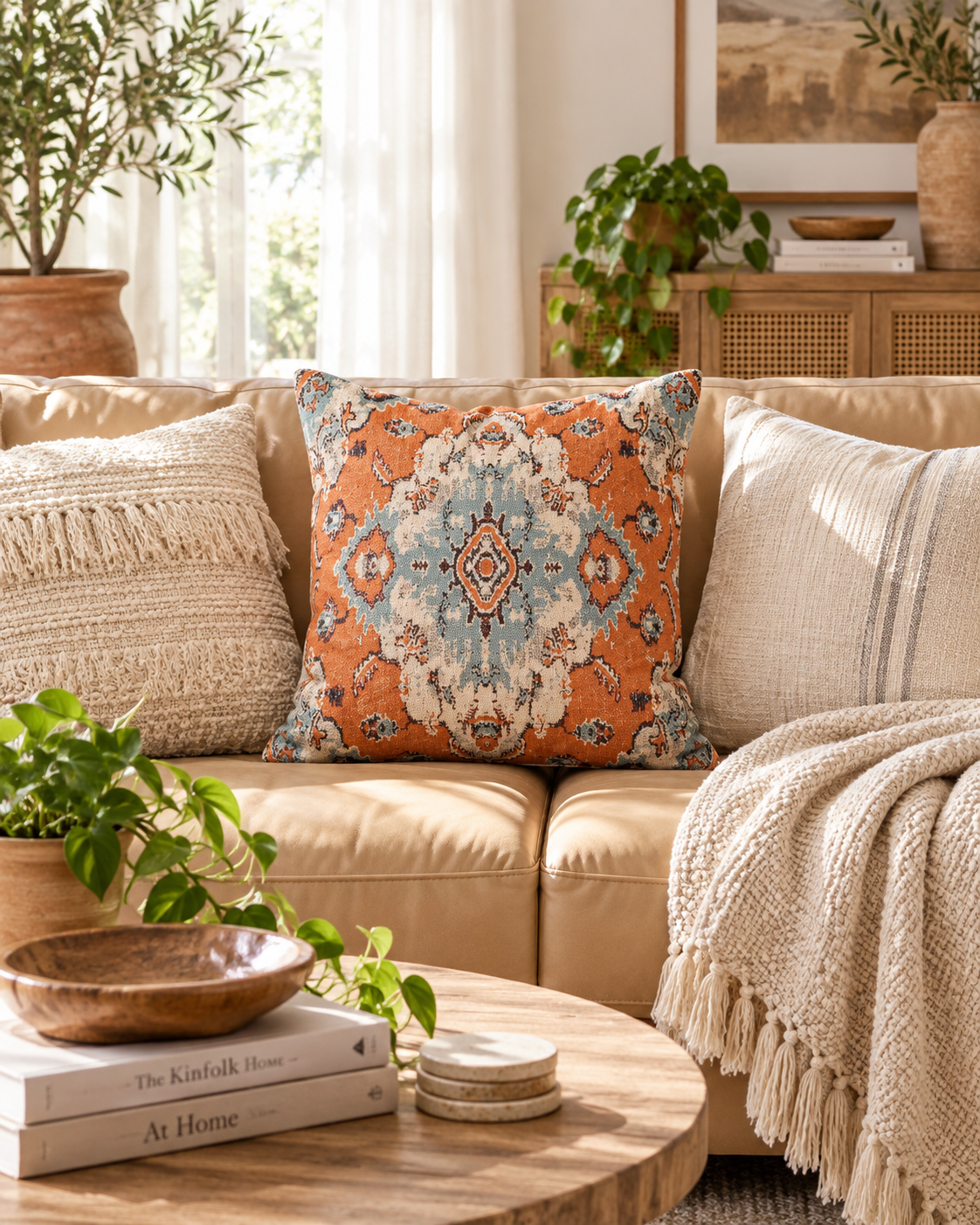 Handwoven kilim throw pillow with orange and teal ornamental pattern on cream couch