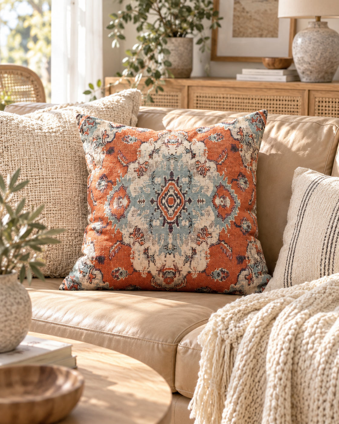 Boho geometric cushion cover – Turkish-inspired design in warm earth tones