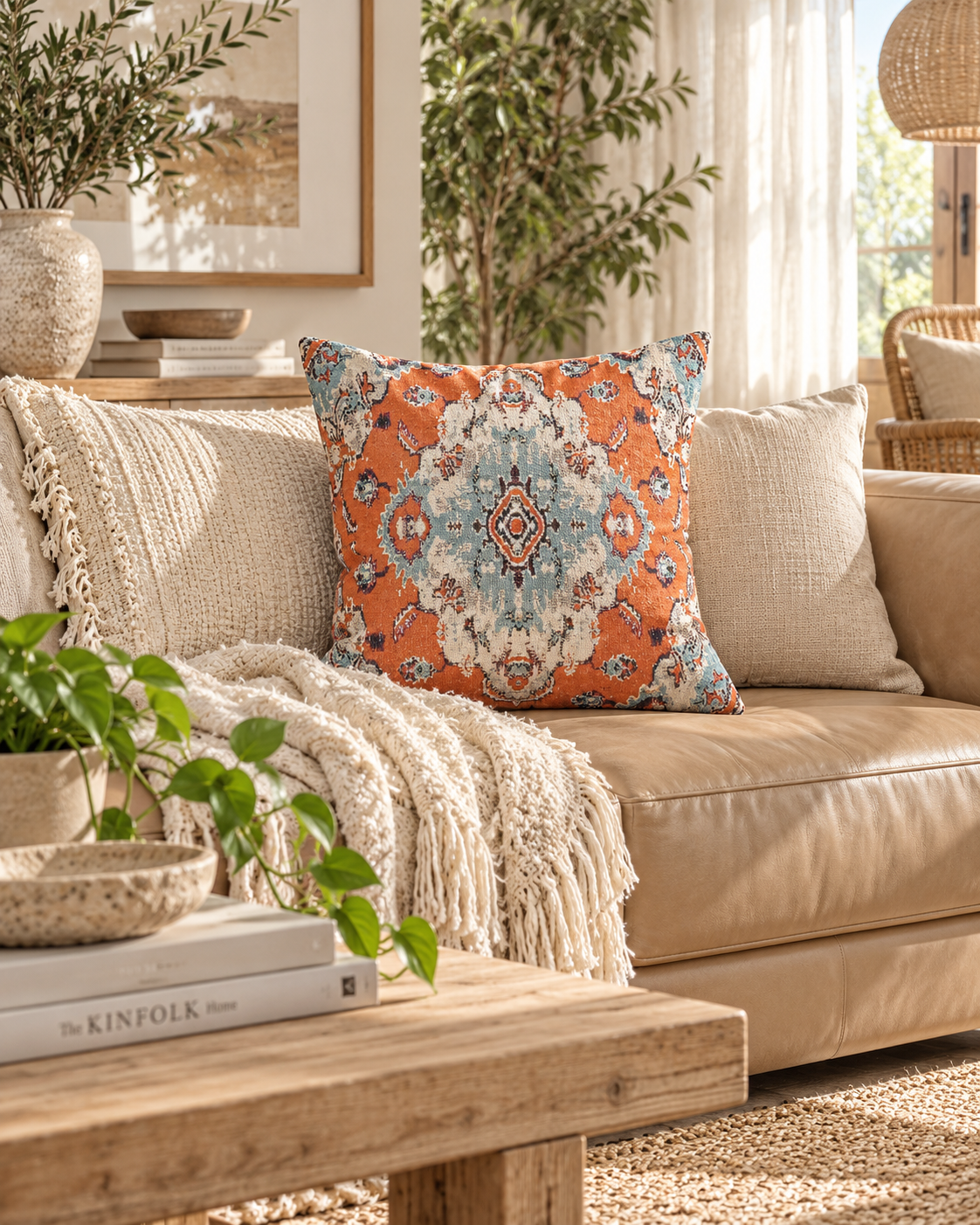 Orange kilim accent pillow styled on minimalist living room couch.

Kilim throw cushion perfect for modern boho interior styling
