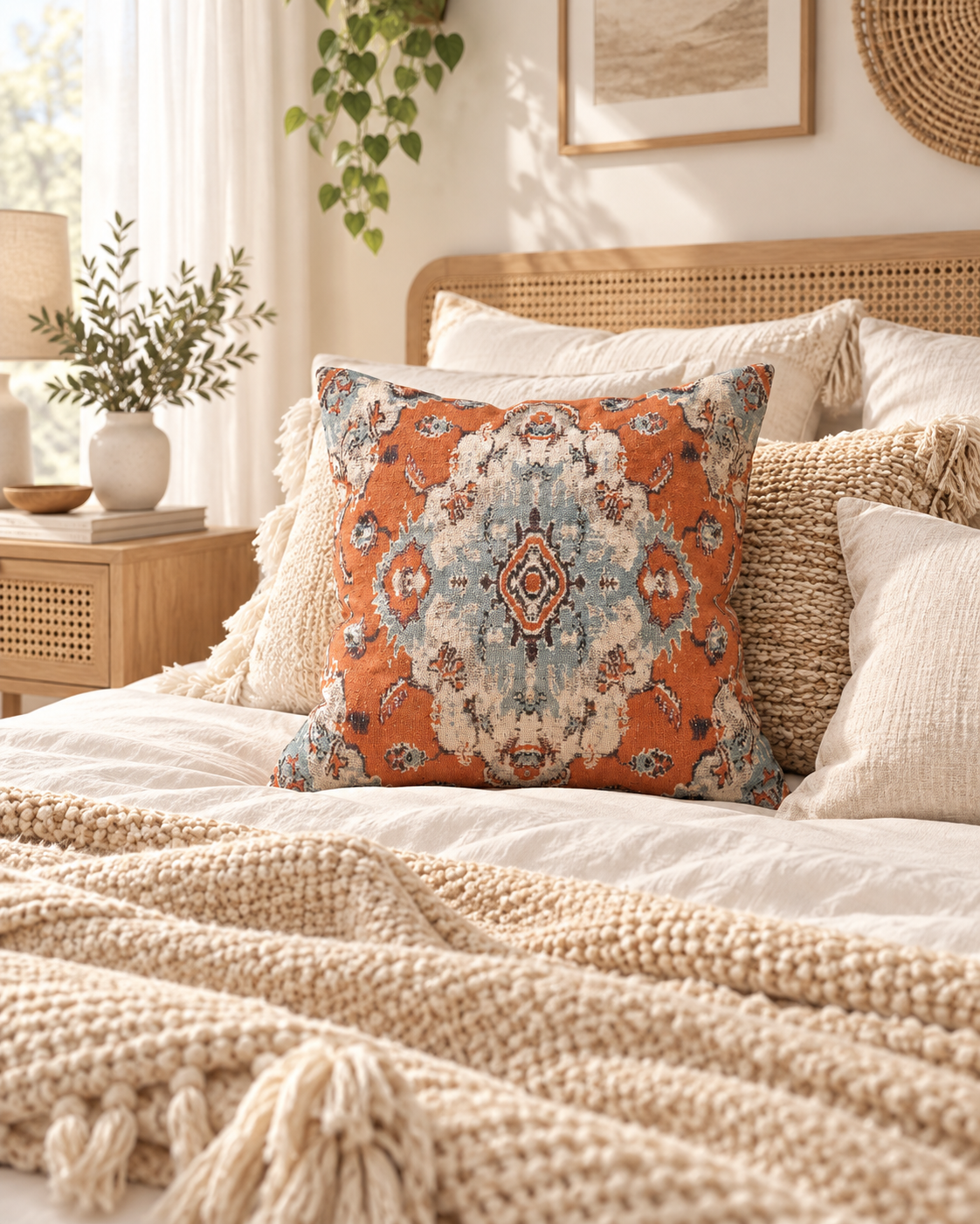 Artisan woven throw pillow with teal and orange traditional textile design.
Bohemian statement pillow – teal, orange, and cream kilim textile design