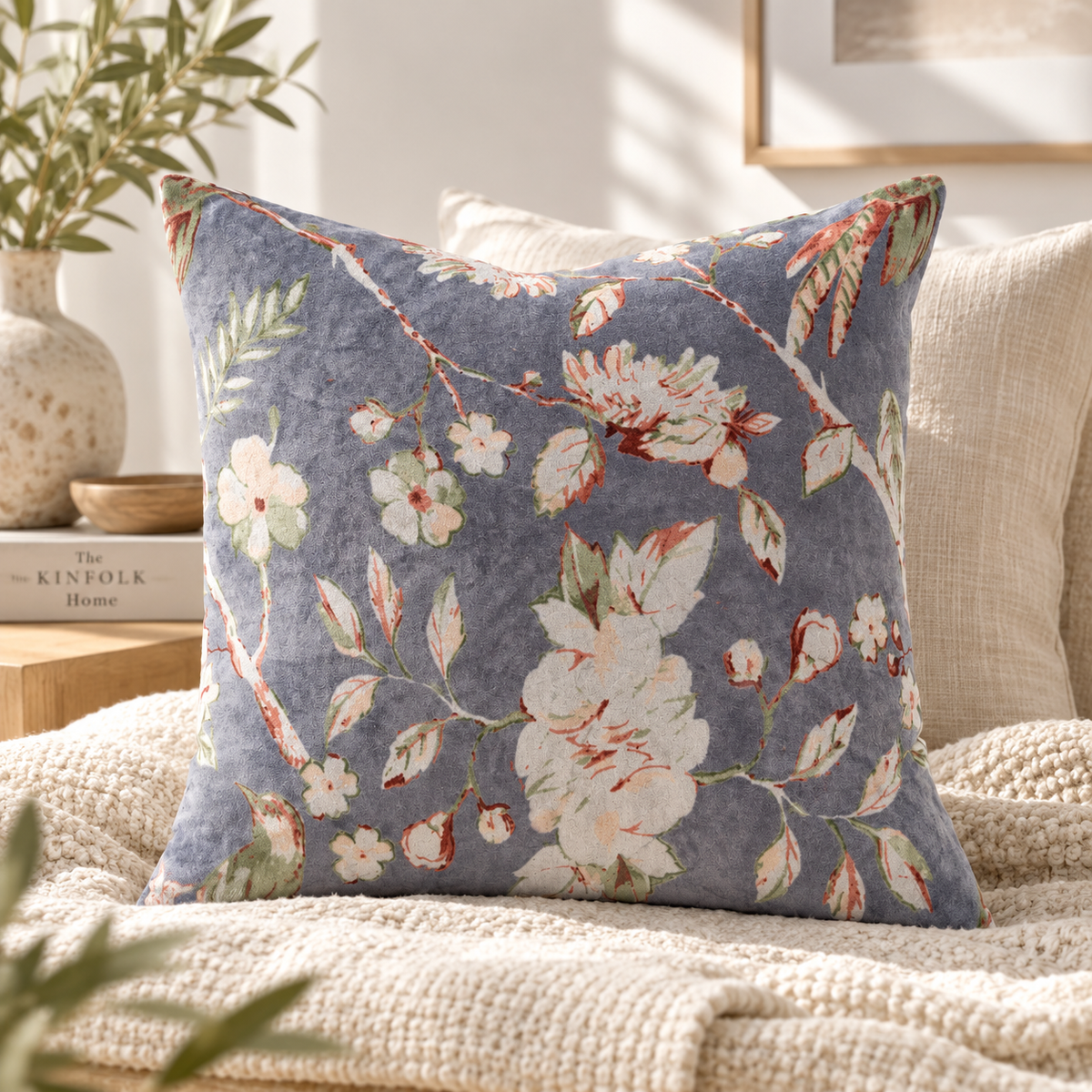 Grey blue floral cotton cushion cover styled on beige sofa