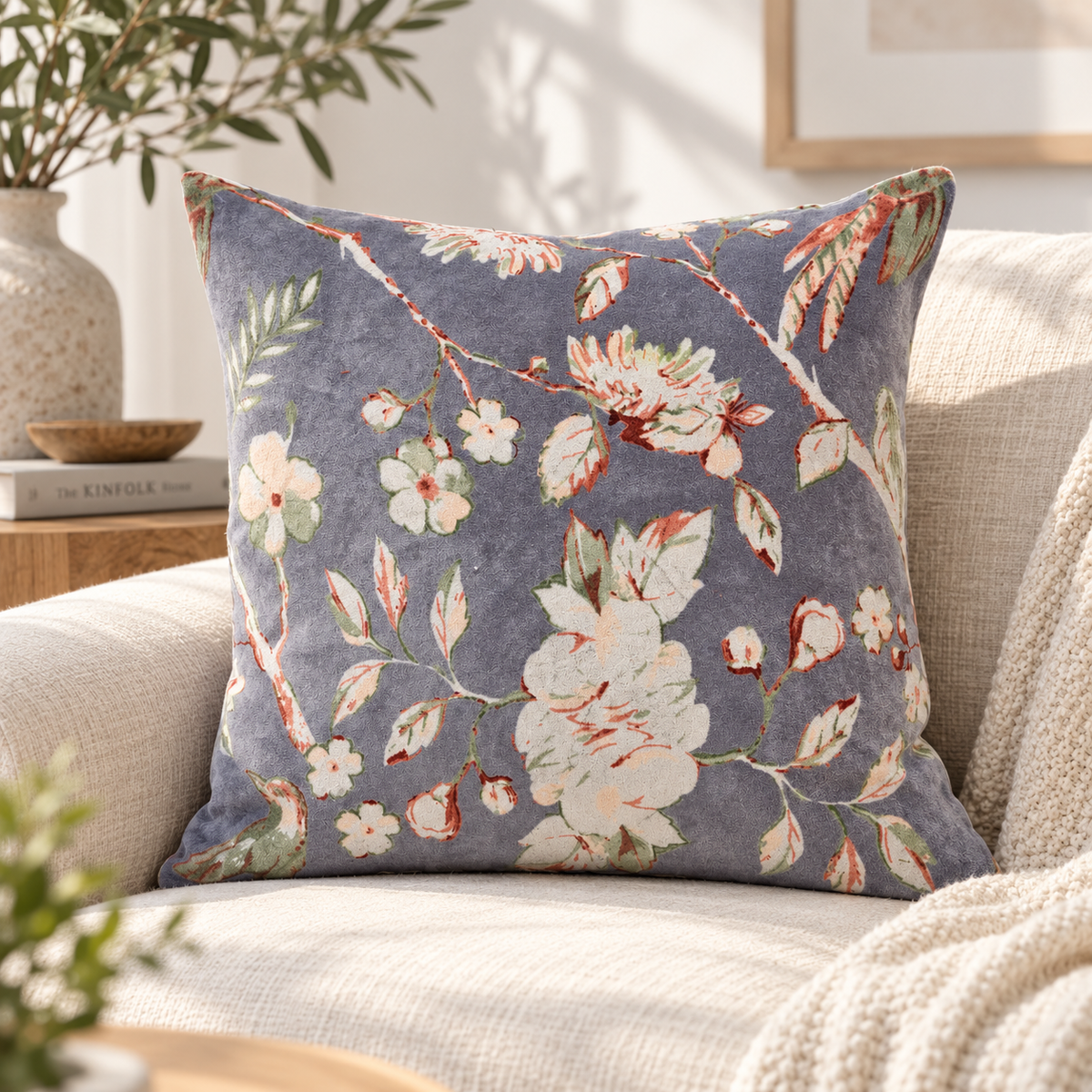 A square throw pillow with a floral pattern in muted blue-gray, cream, and terracotta, resting on a beige armchair in a styled living room setting.
