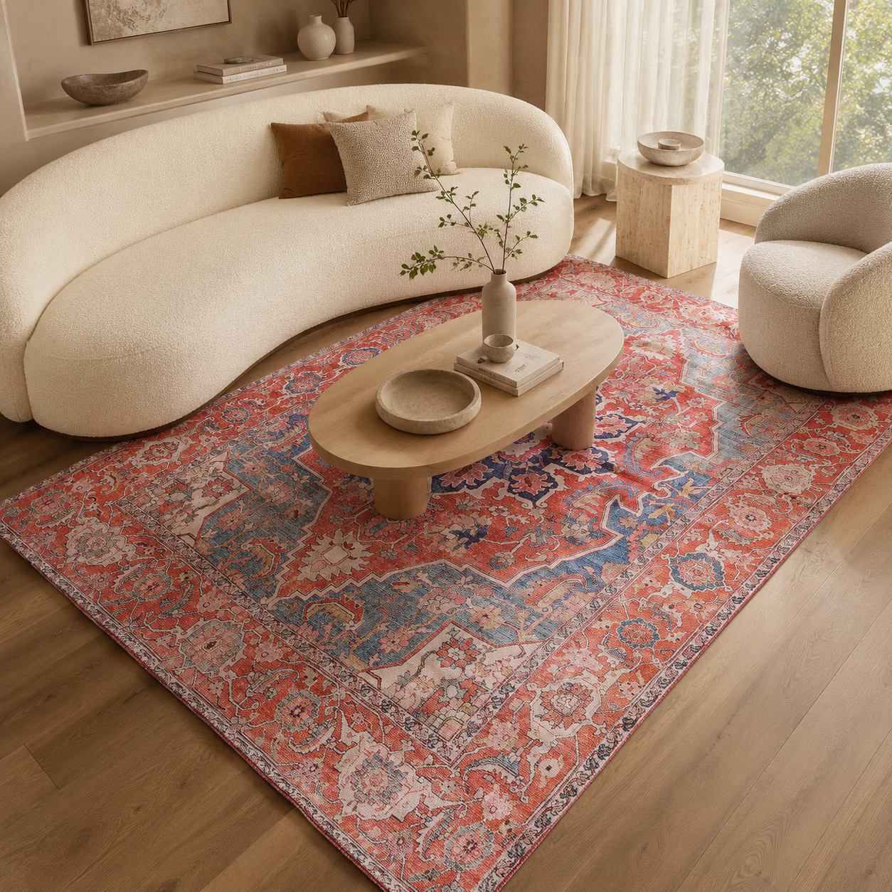 Vintage coral and blue Persian rug in neutral interior
Large Persian style rug for contemporary home décor