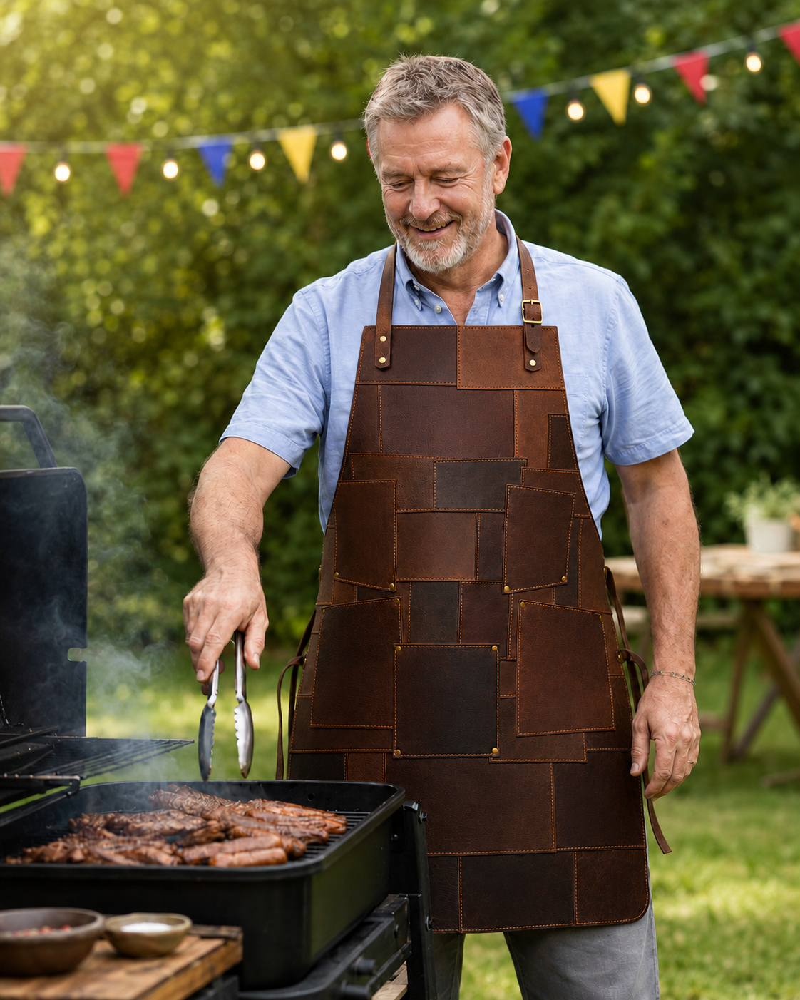 Luxury full-grain leather barista apron with patchwork design and free-size fit