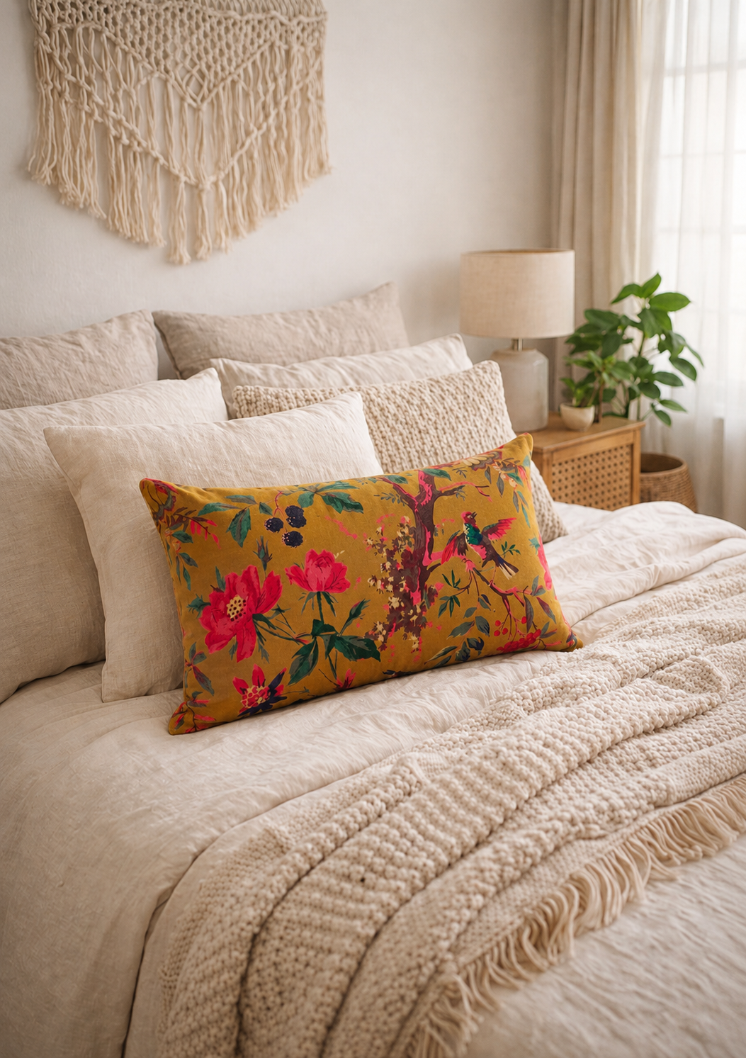 Mustard Bird Print Cotton Velvet Lumbar Cushion Cover 30x50cm for Living Room & Bedroom
