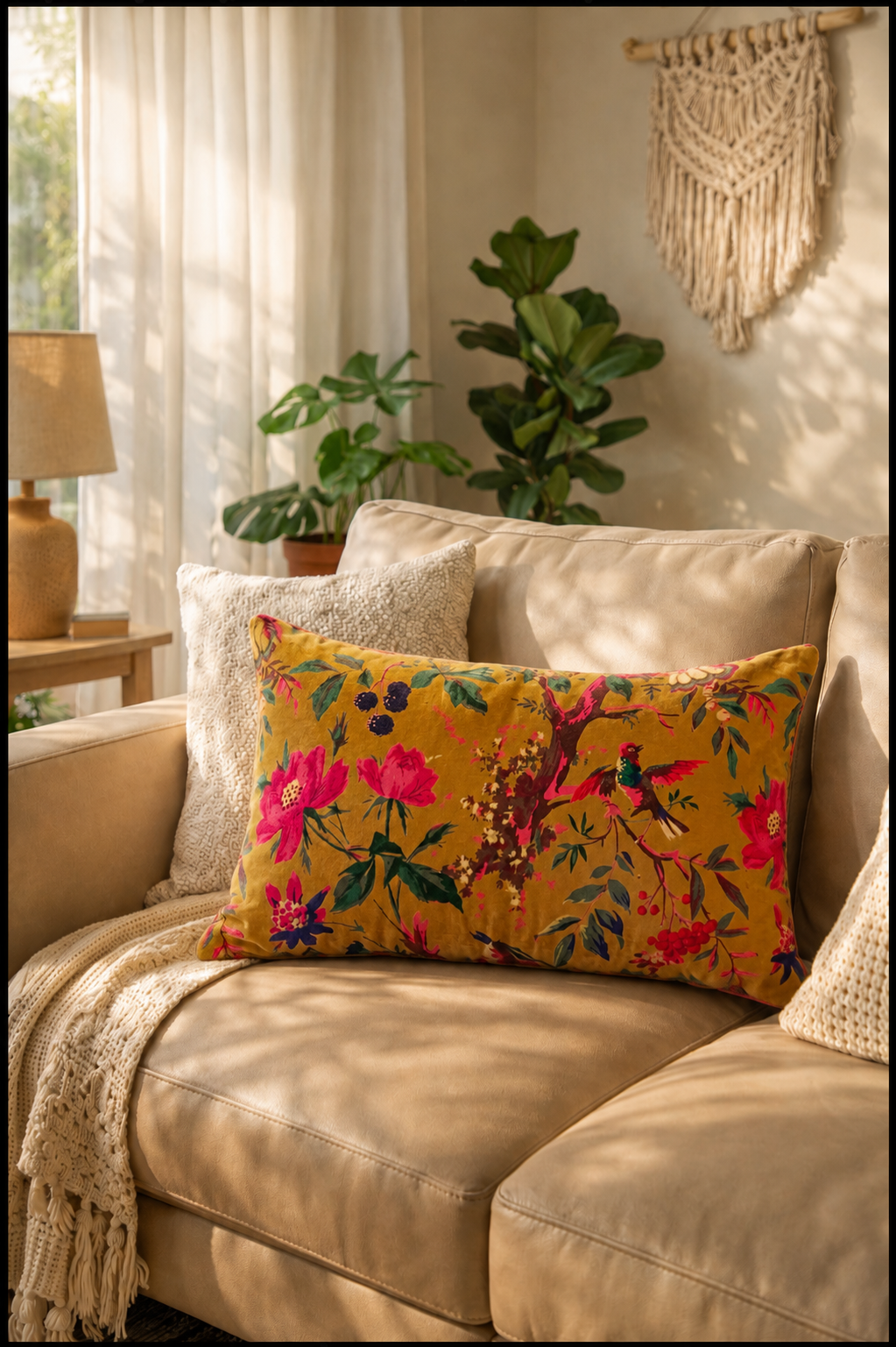 Bird Mustard Lumbar Cotton Velvet Cushion Cover 30x50cms