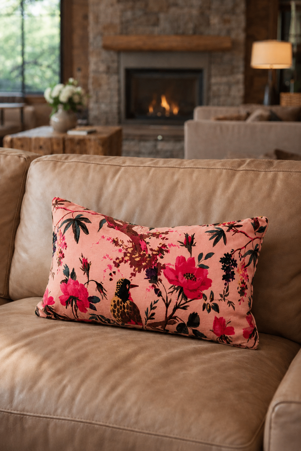 Pink Bird & Floral Lumbar Cotton Velvet Cushion Cover | 30x50cm