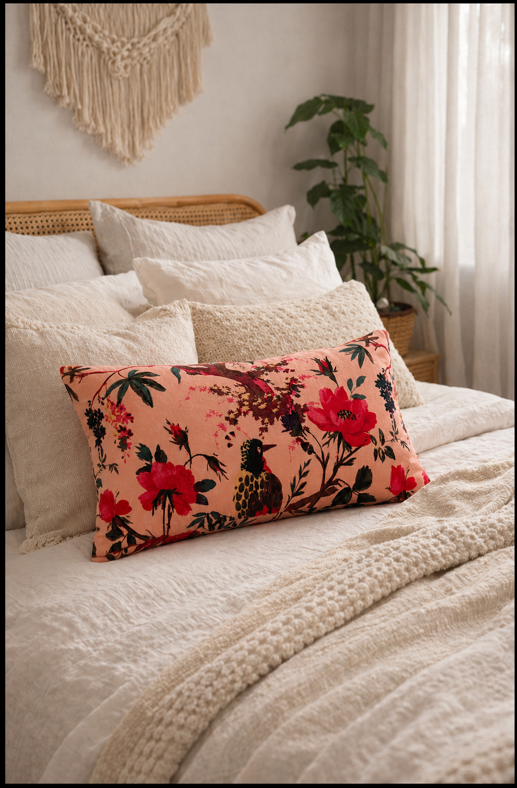Pink Bird & Floral Lumbar Cotton Velvet Cushion Cover | 30x50cm