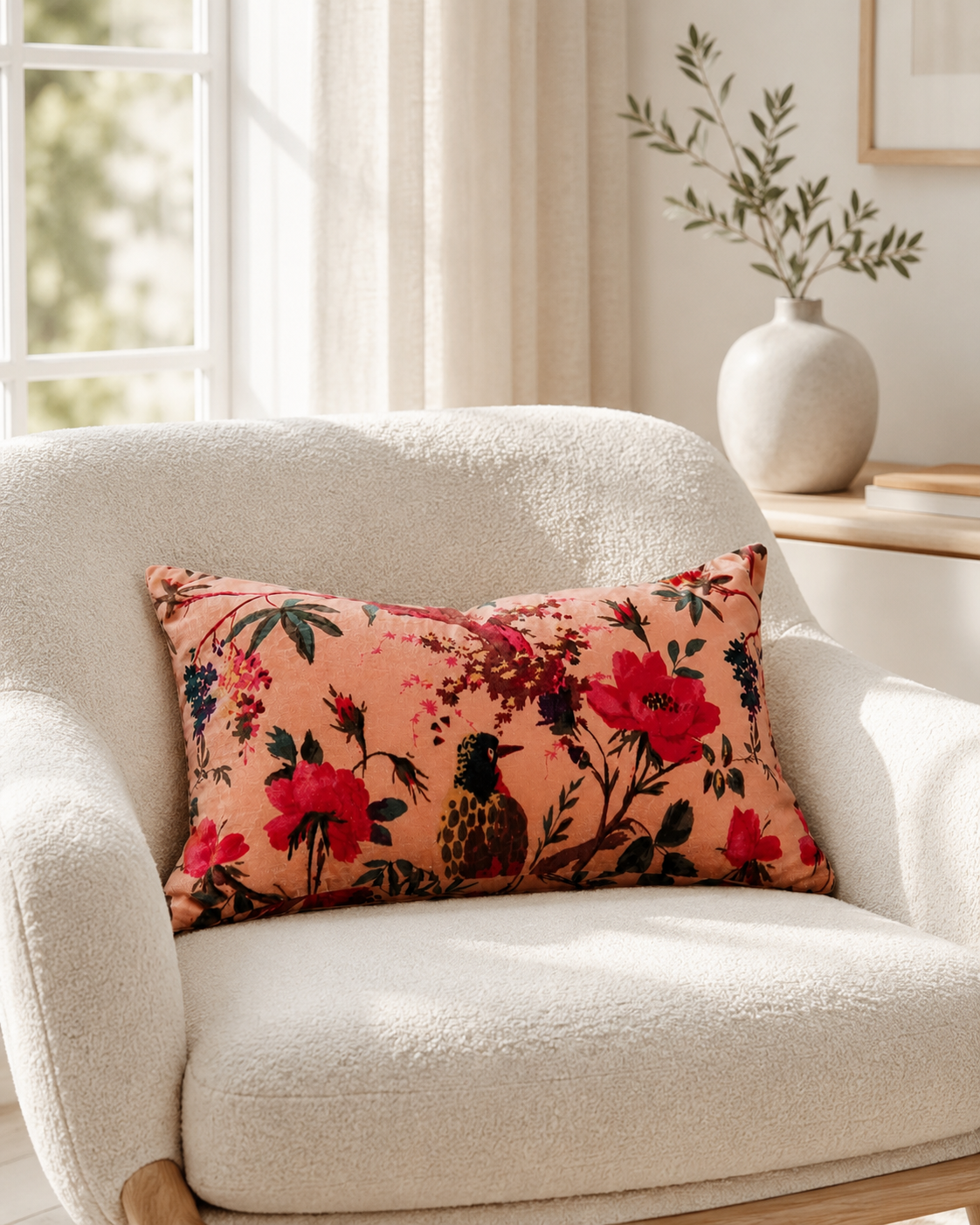 Pink Bird & Floral Lumbar Cotton Velvet Cushion Cover | 30x50cm