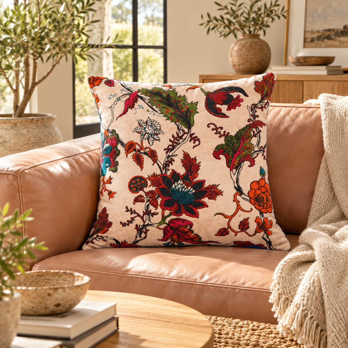 Botanical floral cushion cover with red and green print on neutral sofa