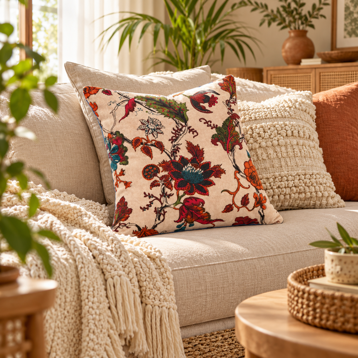 Cream botanical cushion cover for sofa, bed and armchair styling